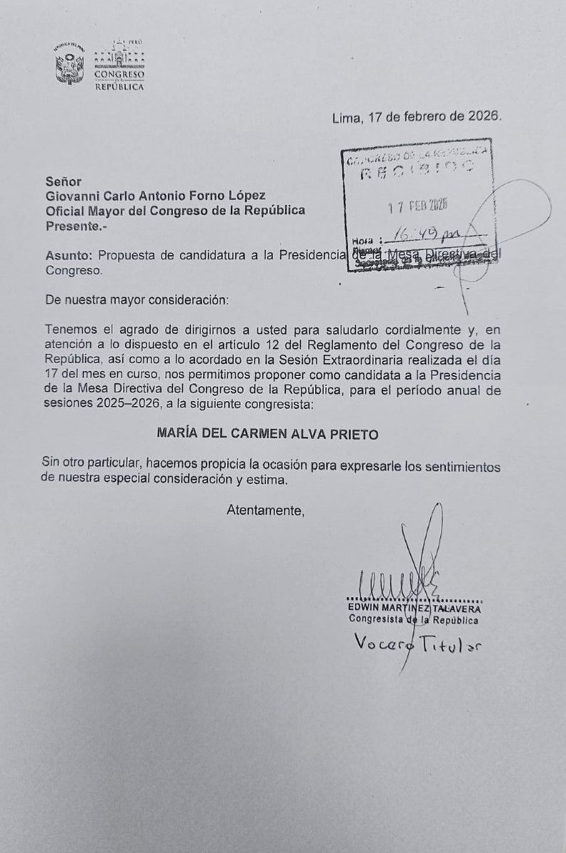 #IMPORTANTE #URGENTE | María del Carmen Alva y Héctor Acuña son los candidatos para reemplazar a José Jerí