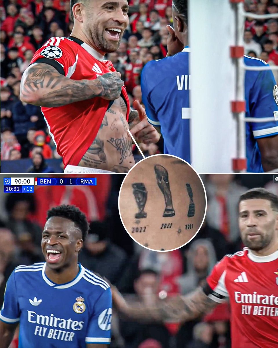 ESPNFC's tweet photo. Otamendi showed Vini Jr. his tattoos of the Finalissima, World Cup and Copa América he's won.
 
Vini couldn't help but laugh 😂 https://t.co/5QGQXfXx0p