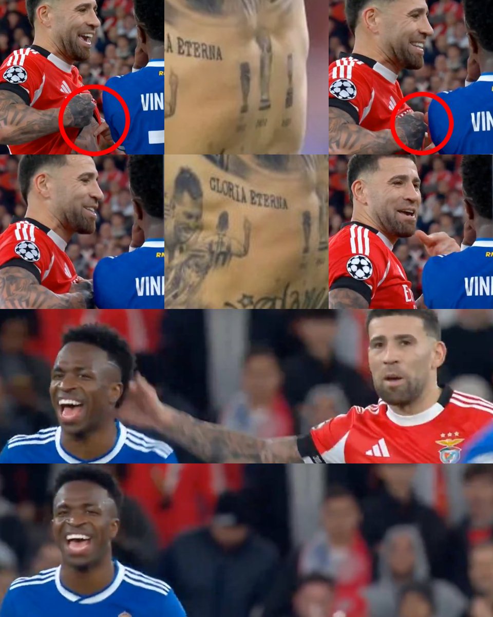 InvictosSomos's tweet photo. Nico Otamendi mostrándole su tatuaje de LA COPA DEL MUNDO a Vinicius Júnior. En una discusión, el central argentino le recordó al extremo brasileño que ÉL sí es campeón del mundo. Vini no pudo contener la risa tras el gesto del capitán del Benfica. MODO ARGENTINA VS BRASIL.