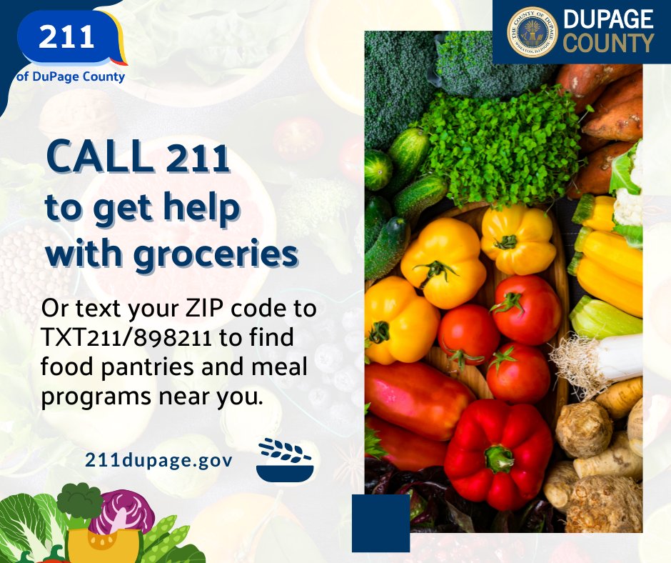 DuPageCountyCS's tweet image. Need help putting food🍎🍞 on the table? Call 211 📱 or text your ZIP code to 898211 to find food pantries and other meal programs. Our 211DuPage.gov 💻 site features a database of agencies that help provide food.

#DuPageCounty #211Day #Team211 #FoodAssistance