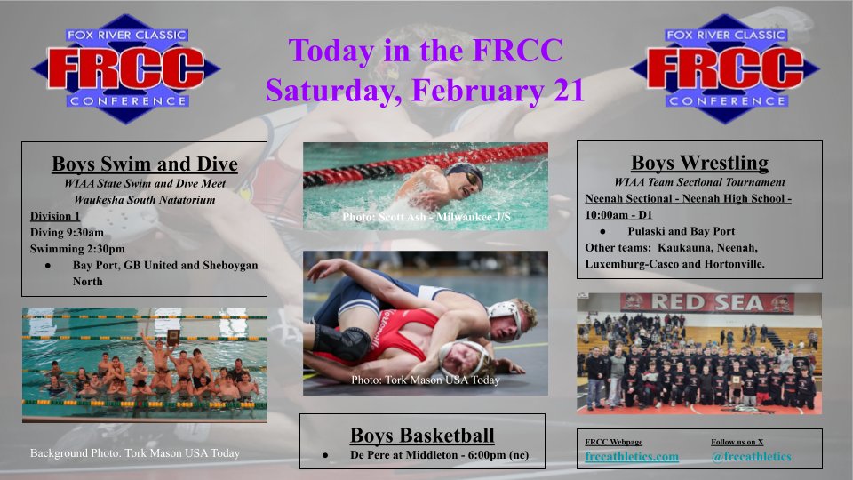 🗓️Today in the FRCC: Saturday, Feb 21🗓️

🏊‍♂️Boys Swim and Dive State Championships D1 - Bay Port, Green Bay United and Sheboygan North
🤼‍♂️Boys Wrestling Team Sectionals - Pulaski and Bay Port at Neenah.