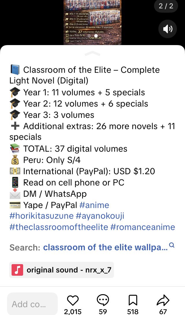 AlejBerzerk's tweet photo. Algo chistoso que vi en Tik Tok. Una persona vendiendo los volumenes de Classroom of The Elite en digital , si en PDF. Cuando lo puedes encontrar gratis en internet. No me sorprenderia ver libros pirateados con la traduccion de alguna traductora xD. https://t.co/IvvPY36gIF