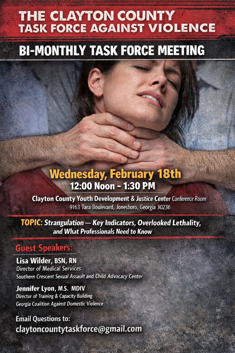 Greetings all &amp; Happy Tuesday! We cordially invite you to attend the Clayton County Task Force Against Violence's bi-monthly task force meeting TOMORROW, February 18th at noon. Our very own, Lisa Wilder, Director of Medical Services, will be the guest speaker. See ya there!