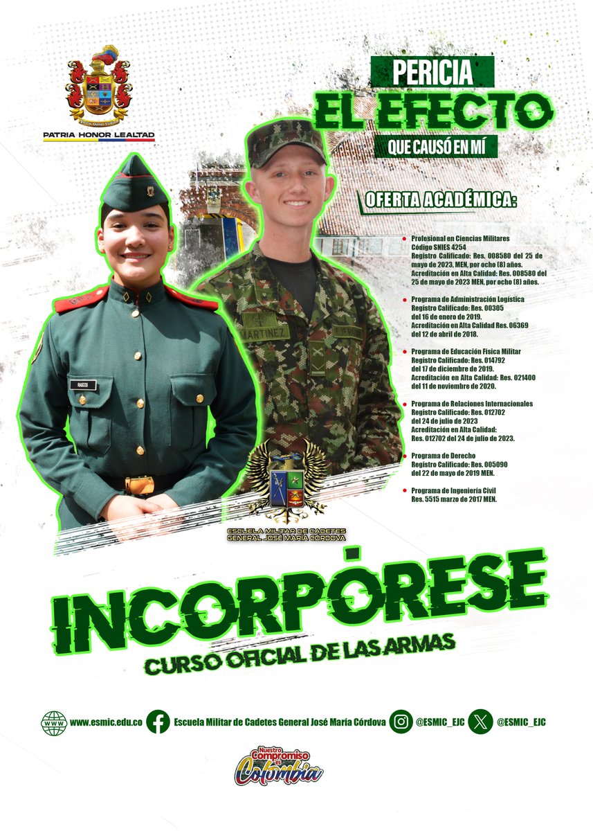 ESMIC_EJC's tweet photo. ✅Derecho 
✅Administración Logística
✅Ingeniería Civil
✅Educación Física Militar
✅Relaciones Internacionales
✅Ciencias Militares.
Son algunas de las carreras complementarias, que encontrarás en la @ESMIC_EJC.

#IncorpóreseAlEjército como oficial de la carrera de las armas. https://t.co/wTEVOPMcAn