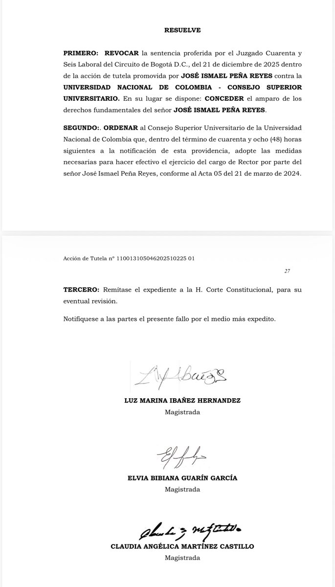 EdnaBonillaSeba's tweet photo. Hoy la justicia envía un mensaje claro: en un Estado de Derecho, las reglas se respetan.
El fallo de tutela del Tribunal Superior de Bogotá sobre la rectoría de la @UNALOficial reafirma principios esenciales: la legalidad, el debido proceso y la autonomía universitaria.
Las universidades no son botines políticos. Son bastiones de la República.
Después de meses de incertidumbre, gana la institucionalidad. Gana la Universidad Nacional, mi Universidad. Gana la democracia. 
Hoy más que nunca, todos a rodear a nuestra UN.