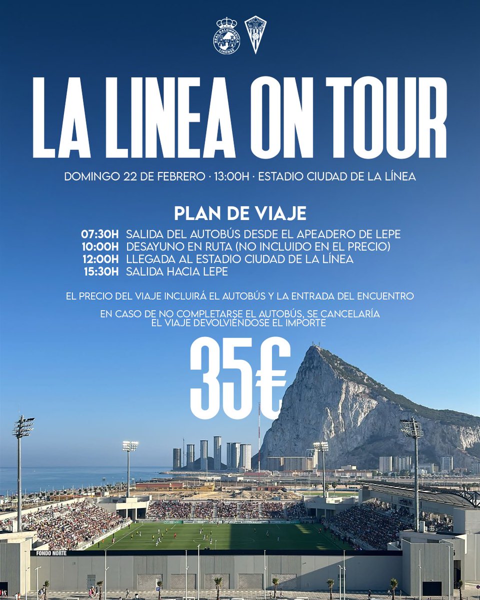 🚌💛 ¡𝐋𝐚 𝐋𝐢𝐧𝐞𝐚 𝐨𝐧 𝐭𝐨𝐮𝐫!

Desde el club habilitamos para el Domingo un viaje a La Línea por el precio de 35€. En este precio se incluye el autobús y la entrada para el encuentro que disputaremos a las 13:00H en el Estadio Ciudad de La Línea.

Para reservar una plaza