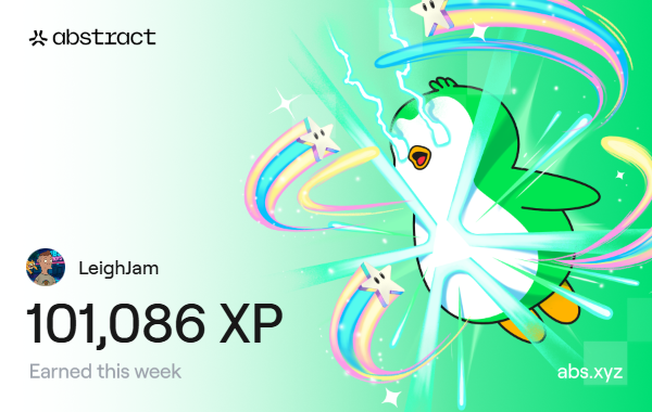 TheLeighJam's tweet photo. Smashed the 100k mark today on @AbstractChain! I'd like to thank my Mum and Dad for always believing in me. https://t.co/GrazXL66Hr