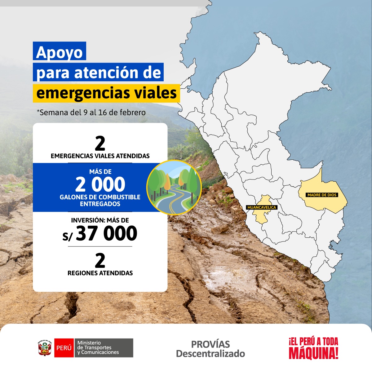 🔴 #AccionesPVD

📌 Desde Provías Descentralizado, continuamos desplegando acciones para apoyar a gobiernos regionales y locales en la atención de las emergencias viales y asegurar la conectividad en todo el país.

Del 9 al 16 de febrero se entregaron:
⛽️ Más de 2,000 galones