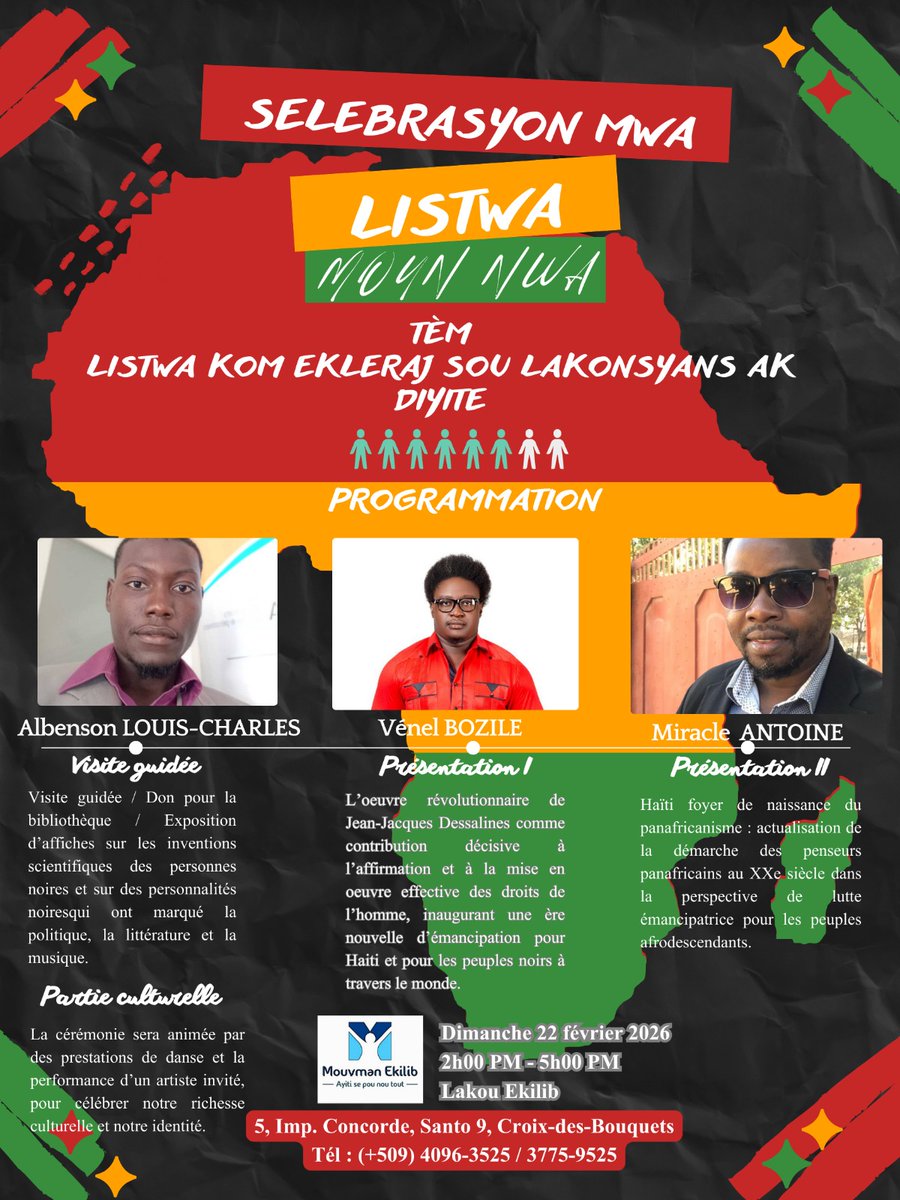 mouvmanekilib's tweet photo. Selebrasyon mwa ystwa moun nwa nan Lakou Ekilib 22 fevriye 2026.

Se la pou w la. https://t.co/C35Plphgi5