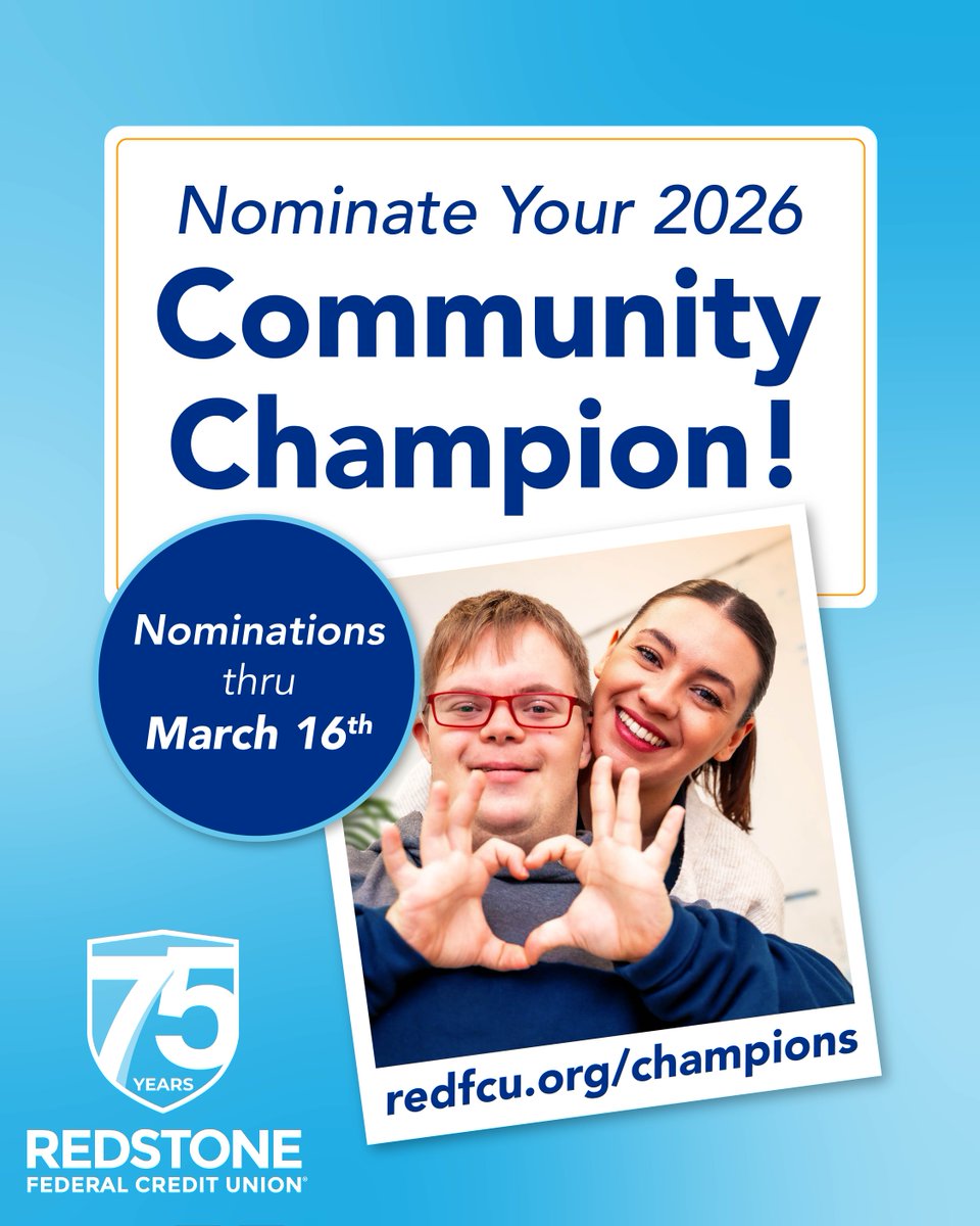 @RedstoneFederalCreditUnion's Community Champions is BACK! Is there a neighbor, friend or coworker that you know who does amazing things in their community? Nominate them at redfcu.org/champions! Nominations accepted until March 16th!

#rfcucommunitychampions  #redstonefcu