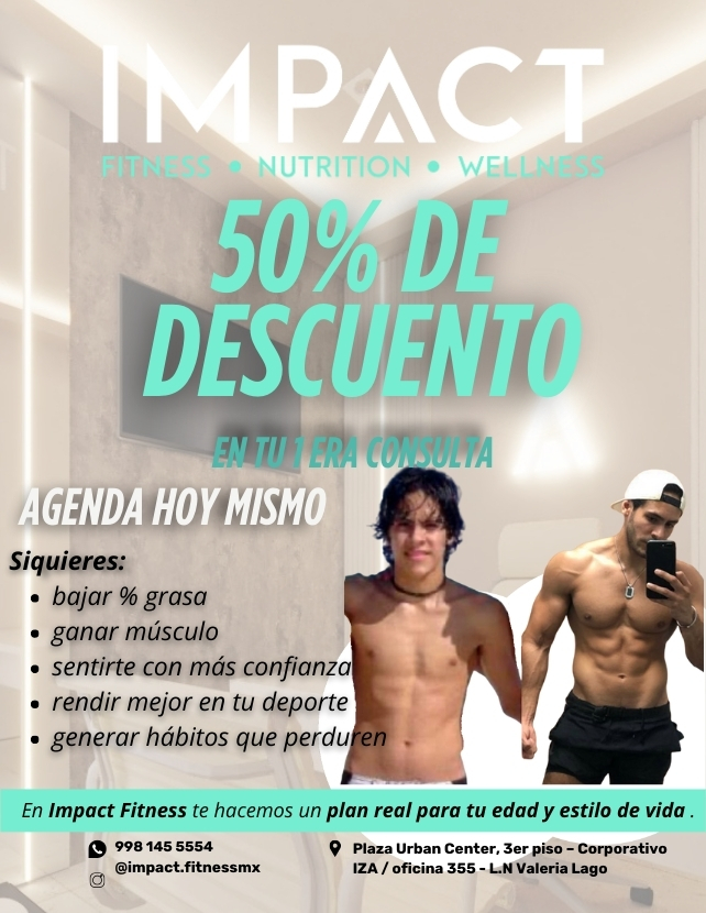 50% de descuento
en tu primera consulta
¡Agenda hoy mismo!
#ImpactFitness