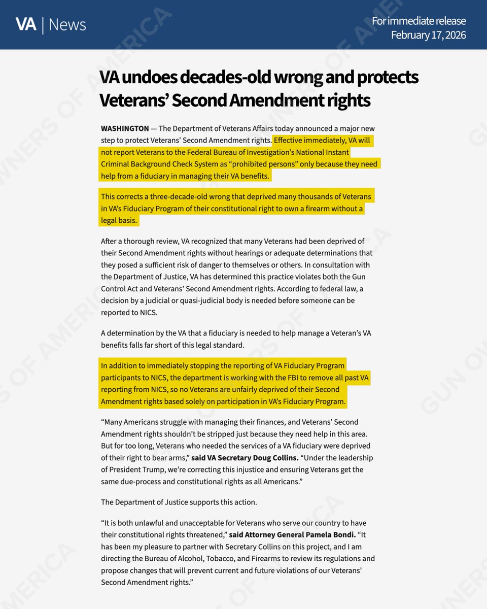 GunOwners's tweet image. 🚨BREAKING🚨

After THREE DECADES of lobbying by Gun Owners of America, we are proud to announce that the Veteran Gun Ban is officially DEAD.

@DeptVetAffairs "is working" to delete over 270,851 veterans who were added to @FBI's background check system &amp;amp; unlawfully disarmed.