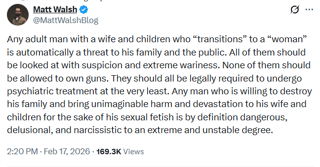 DisaffectedPod's tweet photo. Yep, it surprised the hell out of me (former leftist and hedonist most of my life) to find myself agreeing with, and saying the same things as, someone like Matt Walsh. He's the guy younger me thought of as hateful, dangerous, etc (I was projecting). 

He's saying nothing but the plain, obvious truth. He's not "extreme." He's not "hateful." 

He can only be seen this way because for 60 years, culture has been feminized to a neurotic degree. Nothing he says, nor the tone he uses to say it, would be considered "hateful," "unacceptable" or "dangerous" if it were 40 years ago. 

It's just perception management that has made being a normal man "fringe."