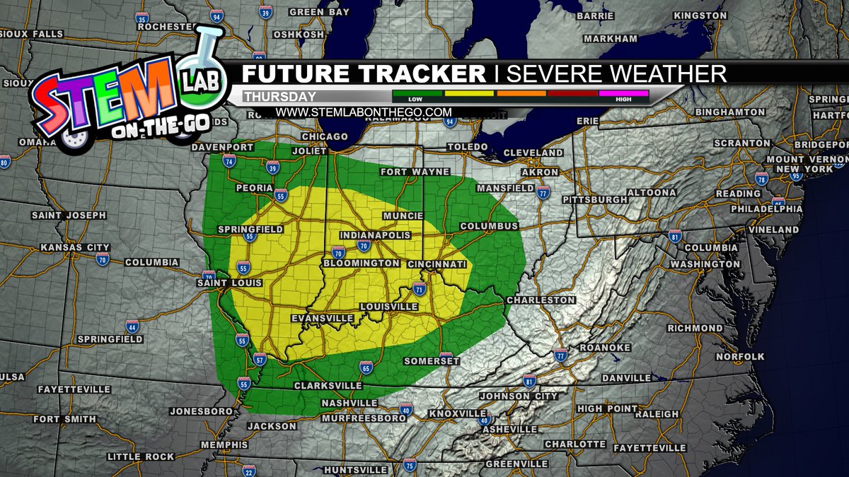 STEMLabOnTheGo's tweet photo. Thursday's looking stormy! Some of those storms could crank up to severe levels with damaging winds and hail. Here's my latest outlook 👇—better to be ready than surprised! ⚡️ - Meteorologist Jason Lindsey #KYWX #Storms #DamagingWind #Hail https://t.co/oSHwBAk5KB
