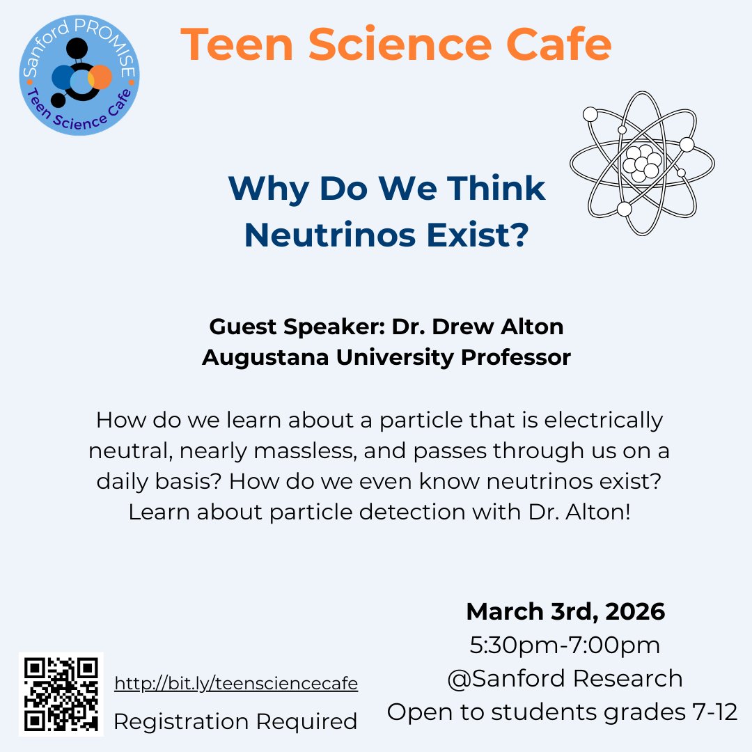 🔬✨ Teen Scientists, mark your calendars! Our next Teen Science Cafe features Dr. Drew Alton, physics professor at Augustana University.

He’ll dive into the world of neutrinos and show us how neutrino detectors are built. 

👉 Learn more &amp; register: bit.ly/teensciencecafe