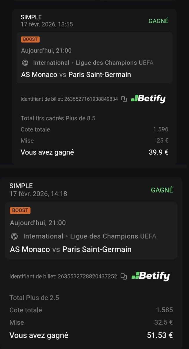 BetClem_'s tweet photo. ON ENCAISSE EN BETS LDC 🇪🇺🏆✅✅ 

COMBINÉ DU JOUR ☘️✅
@1.96✅
37.50€ ➡️ 73.87€✅

BOOST BETIFY 🔥
🇫🇷 +2.5 buts @1.58✅
32.50€ ➡️ 51.53€✅

🇫🇷 +8.5 tirs cadrés @1.59✅
25€ ➡️ 39.90€✅

En revanche journée très difficile avec 0 réussite sur les spots buteurs.... On frôle l'ultra fun à 1 but.... Et le combiné DC pas de but ni de Mbappé ni de Pavlidis.... Et dommage pour Bryden également.

Et niveau des boosts 2/4 ✅ (PSEL + W ✅ mais Betlic les 2 ❌ (Dembelé blessé + Mbappé....

💚 Si tu soutiens 
#TeamParieur