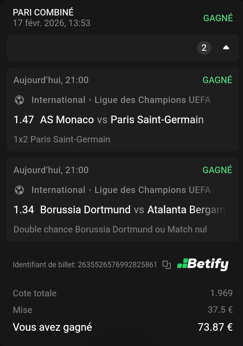 BetClem_'s tweet photo. ON ENCAISSE EN BETS LDC 🇪🇺🏆✅✅ 

COMBINÉ DU JOUR ☘️✅
@1.96✅
37.50€ ➡️ 73.87€✅

BOOST BETIFY 🔥
🇫🇷 +2.5 buts @1.58✅
32.50€ ➡️ 51.53€✅

🇫🇷 +8.5 tirs cadrés @1.59✅
25€ ➡️ 39.90€✅

En revanche journée très difficile avec 0 réussite sur les spots buteurs.... On frôle l'ultra fun à 1 but.... Et le combiné DC pas de but ni de Mbappé ni de Pavlidis.... Et dommage pour Bryden également.

Et niveau des boosts 2/4 ✅ (PSEL + W ✅ mais Betlic les 2 ❌ (Dembelé blessé + Mbappé....

💚 Si tu soutiens 
#TeamParieur