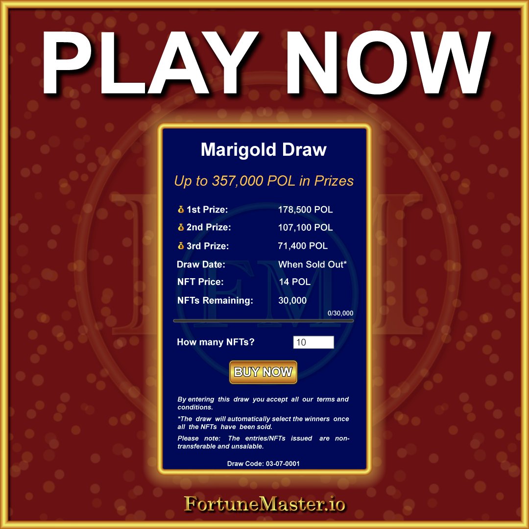 The4tuneMaster's tweet photo. Win big 💵 Risk small 🪙

For just 14 POL, you could walk away with 178,500 POL.

That’s not hype, that’s the actual prize!

🎟️Grab your Draw NFT now: https://t.co/p6AbAHOFG3

#PrizeDraw #play2earn https://t.co/VNaM69mbNT