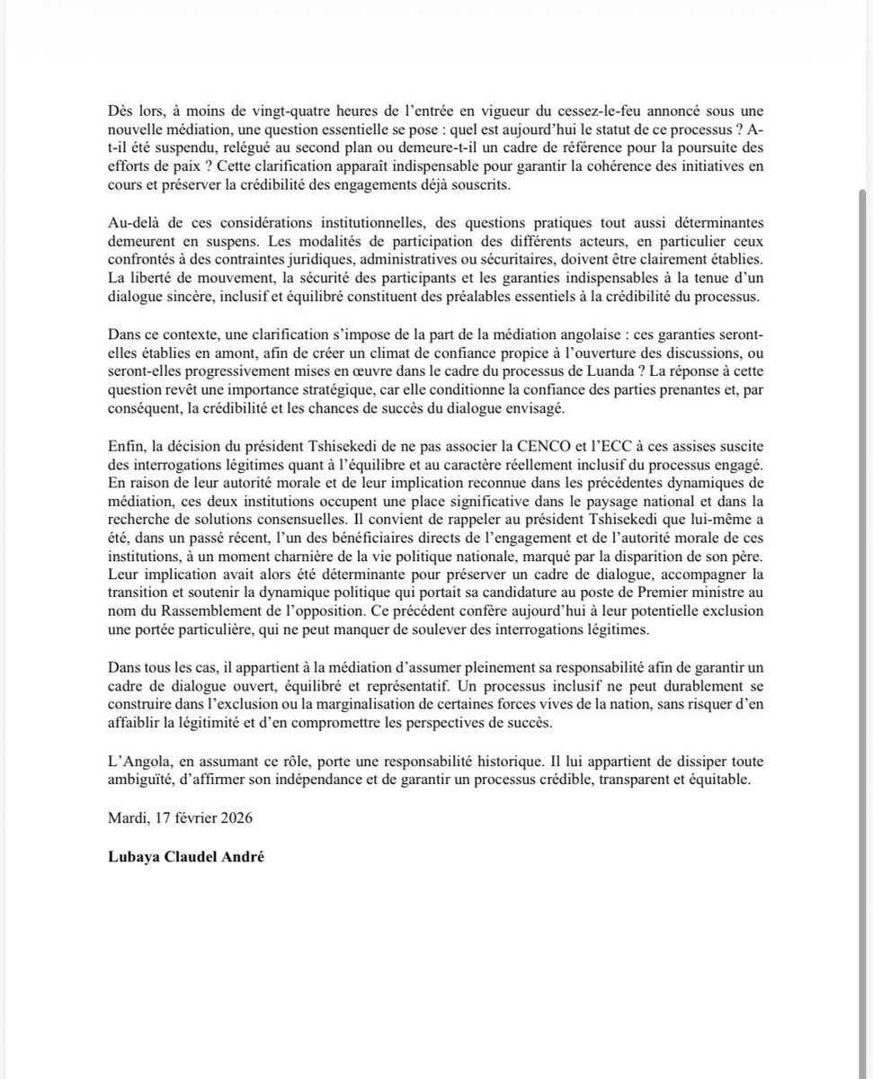 #RDC|| Dialogue inclusif RDC 
Les interrogations soulevées par l'Honorable <a href="/LubayaClaudel/">Lubaya Claudel André</a> :
• Quelle est la base juridique du mandat confié à l’Angola ?
• Quelles garanties d’indépendance et d’impartialité sont établies ?
• Comment s’articulent la médiation angolaise ?