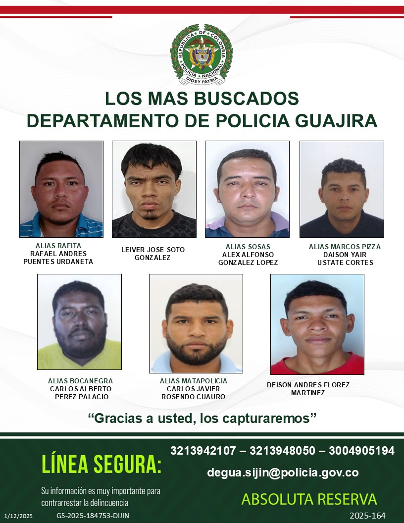 🚨 ¡Los más buscados!

Avanzamos en la identificación y ubicación de personas requeridas por la justicia. La información de la ciudadanía es clave para fortalecer la seguridad y la convivencia.

policia.gov.co/los-mas-buscad…

Gracias a su información serán capturados.

 #LosMásbuscados