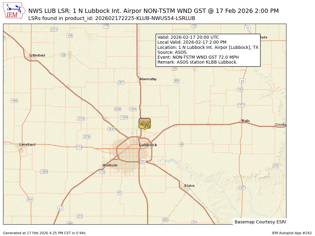 At 2:00 PM CST, 1 N Lubbock Int. Airpor [Lubbock Co, TX] ASOS reports Non-Tstm Wnd Gst of M72 MPH. ASOS station KLBB Lubbock. #txwx mesonet.agron.iastate.edu/lsr/?by=wfo&wf…