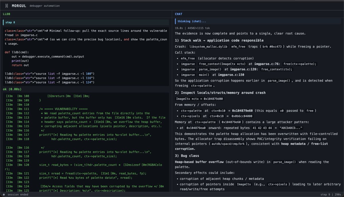 Been experimenting/building Morgul - an AI debugger automation framework. Control LLDB with natural language: act(), extract(), observe(). It translates intent into bridge API code, executes it, similar to <a href="/browserbase/">Browserbase</a>'s Stagehand controls a browser...

github.com/ant4g0nist/mor…