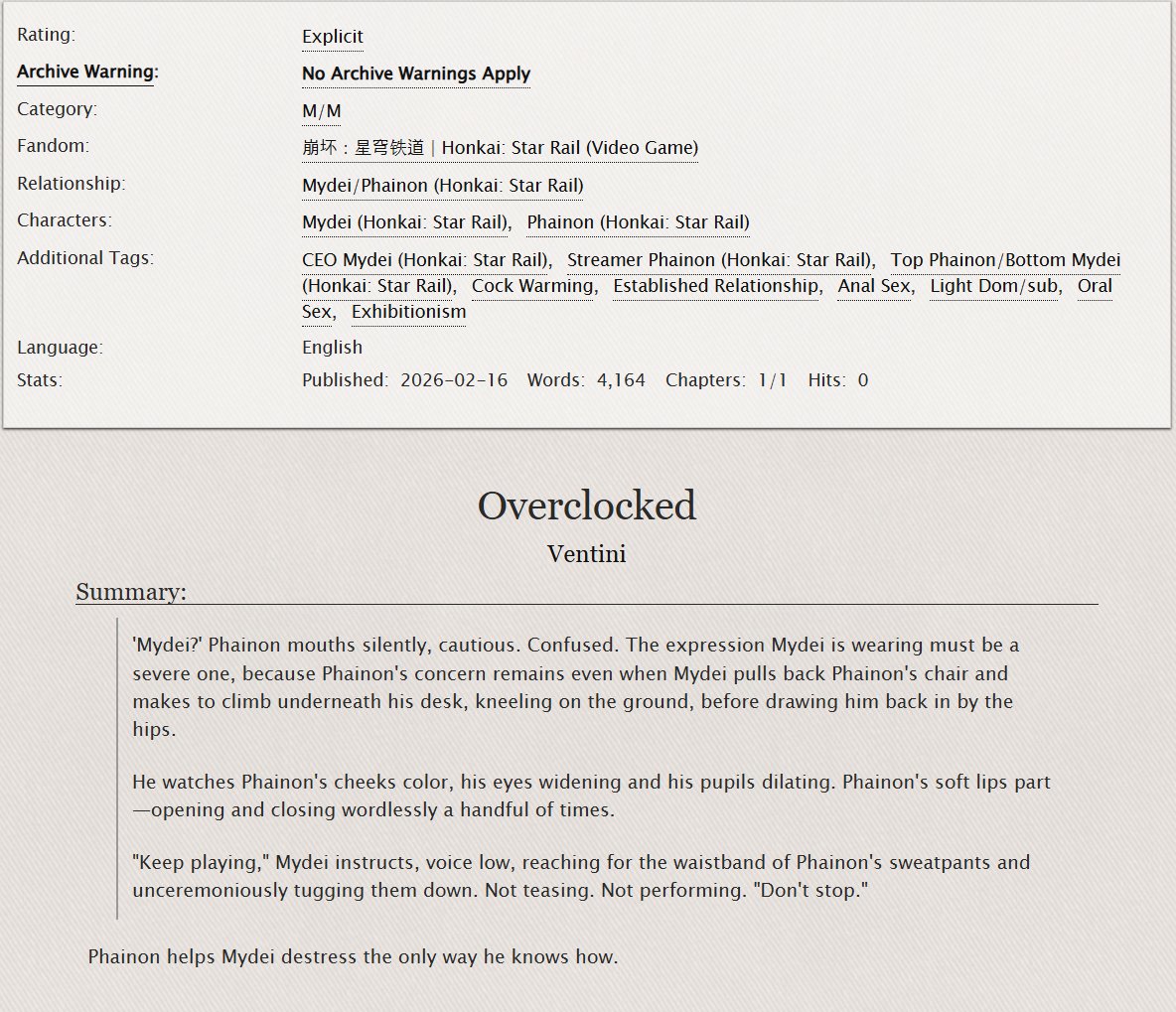 _ventini's tweet image. Overclocked    

✦#Phaidei ☀️🍷 
✦Explicit, 4K Words    
✦ Streamer!Phainon x CEO!Mydei   
✦ Light dom/sub, exhibitionism  

🔗⬇️