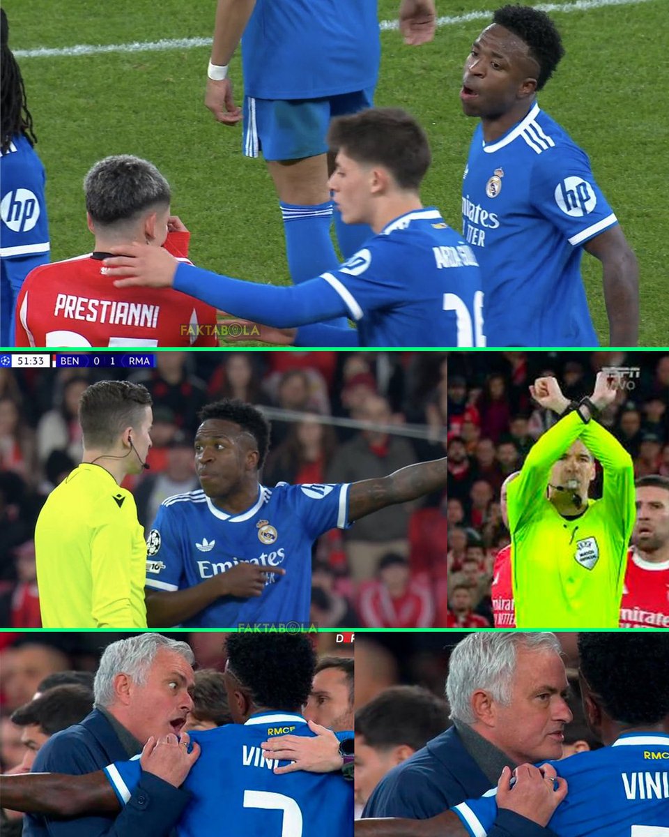 Laga Benfica vs Real Madrid sempat dihentikan menit 51', usai Vinicius melapor ke wasit perlakuan rasisme dari pemain Argentina, Gianluca Prestianni.

→ Menit 50' Vini cetak gol cantik, namun dapat kartu kuning karena selebrasi nya.

→ Saat akan kick-off, diberitakan Prestianni