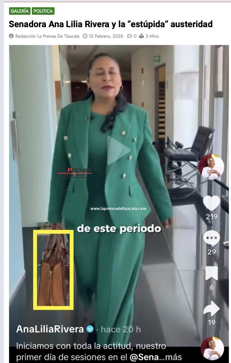 CarlosTorresF_'s tweet photo. 🚨 Senadora de Morena con bolsa de más de 300 mil pesos. 

La señora #DatoProtegido impuso moda y ahora las morenistas la imitan con bolsas de este precio.

De acuerdo al medio La Prensa de Tlaxcala, senadora @AnaLiliaRivra que califica como estúpidos a los que la cuestionan, habría presumido una bolsa de lo que gana un obrero en un 2 años.

¡Viva la austeridad!

https://t.co/vozL2ouUTI