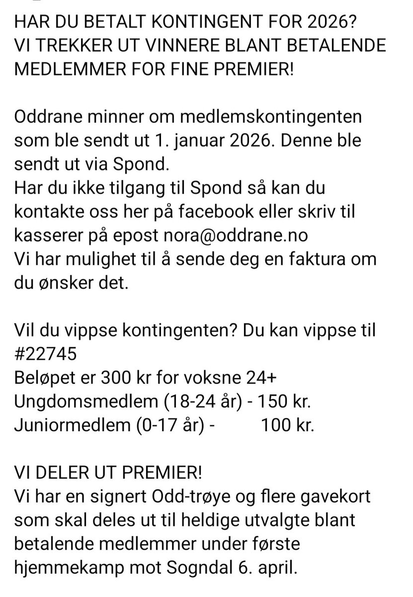 Husk å betale medlemskontingenten. Alle medlemmer både nye og gamle er med i trekningen av flotte premier