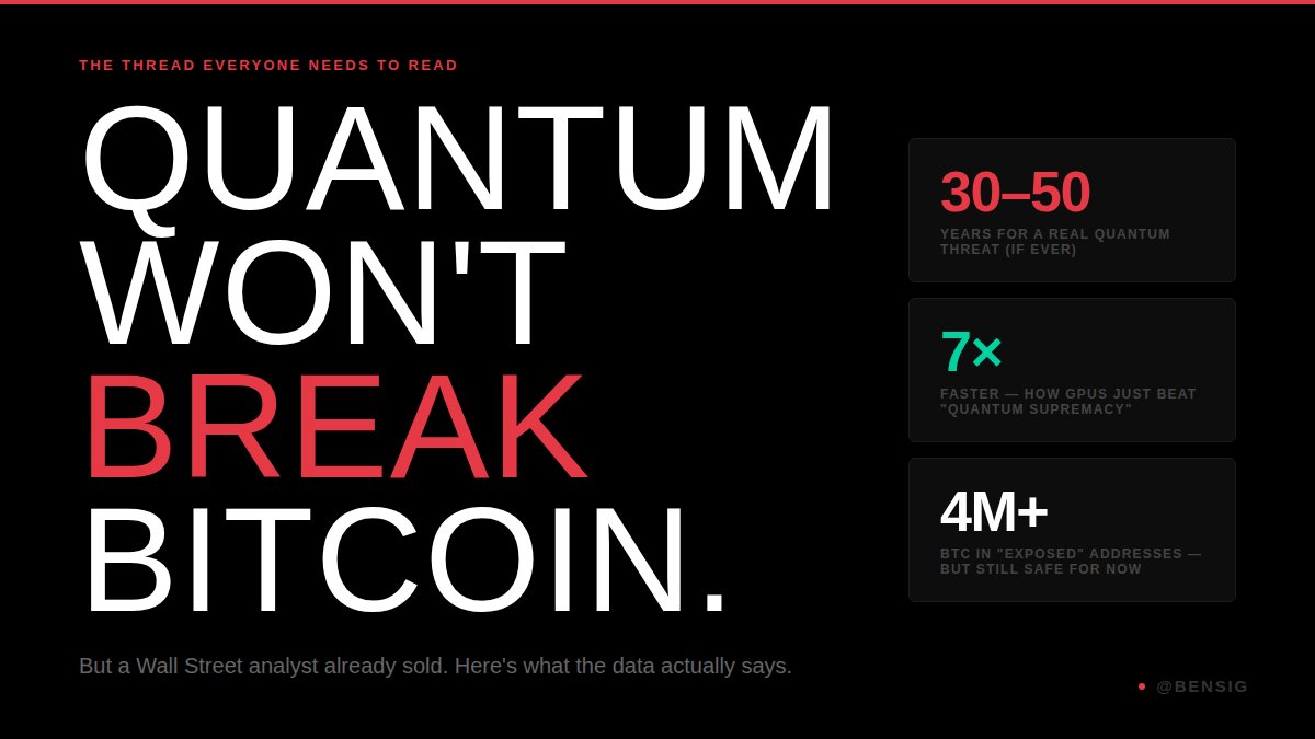 bensig's tweet photo. Everyone is wrong about quantum and Bitcoin.

A Wall Street analyst already sold his entire position. 
A peer-reviewed paper totally killed the hype on quantum...

here's what the data actually says 🧵 https://t.co/ItKMkQ5o1s