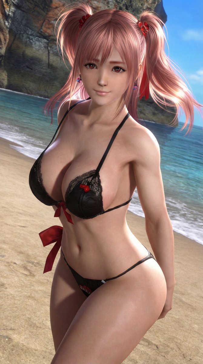 Honona in a black bikini on the beach. Cute twin pigtail hairstyle. #BikiniBeauty #VirtualPhotography #DOAXVV