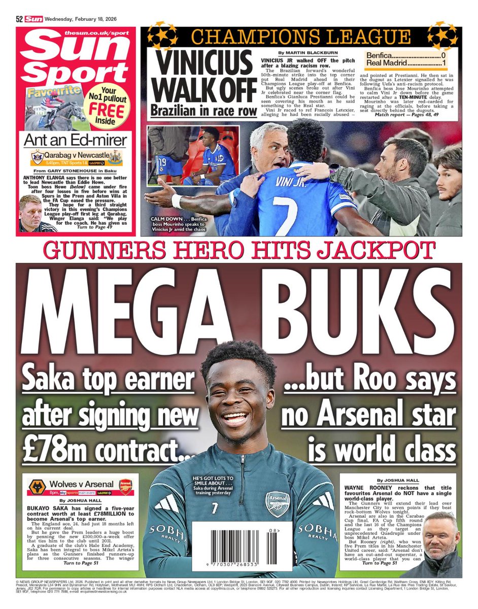 Tomorrow's <a href="/SunSport/">Sun Sport</a> back page:

MEGA BUKS

Saka has signed a five-year contract worth at least £78million to become Arsenal's top earner

But Rooney says no Arsenal star is world class