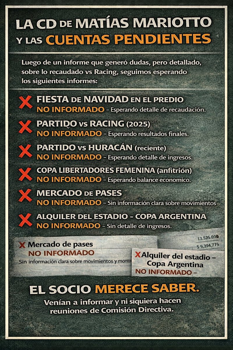 Hoy la cd presentó un informe medio fantasma de los recaudado con racing. Espero a partir de mañana MISMO ya salden los salarios adeudados de plantel y empleados. De todas formas, seguimos esperando información. 

ATENTOS BANFIELD. LA INFORMACIÓN QUE DEBE MATÍAS MARIOTTO