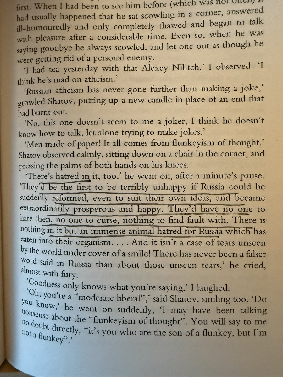 "The Devils" by Dostoevsky (1872). A discussion of the progressive radicals of 19th century Russia. They’re motivated not by idealism, but by spite, hatred, and rage. The more things change, the more things stay the same.