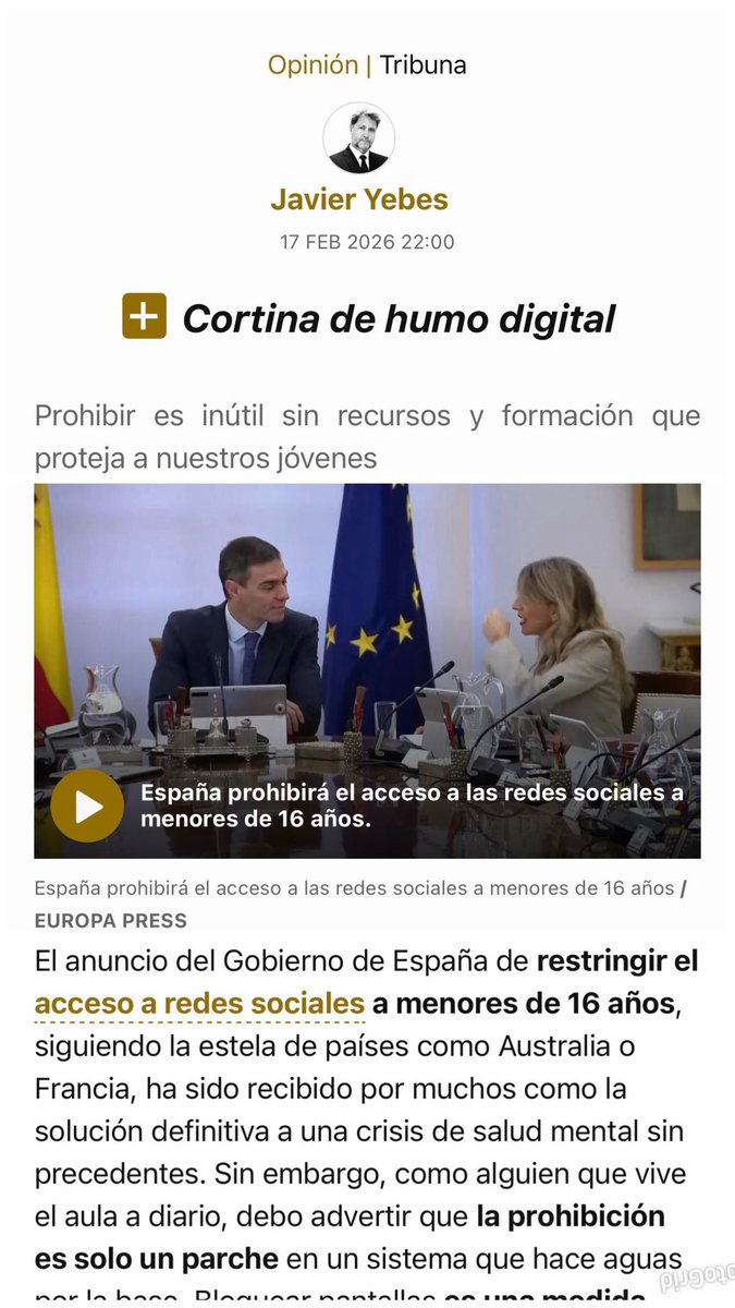 📖 ¿Es la prohibición de redes sociales a menores de 16 años el fin del acoso o solo una cortina de humo? 🚭 Bloquear pantallas no salva vidas <a href="/informacion_es/">INFORMACION.es</a> 
👉🏻 informacion.es/opinion/2026/0…
#SaludMentalJuvenil #AcosoEscolar #EducacionDigital #ProhibicionRedesSociales #StopBullying