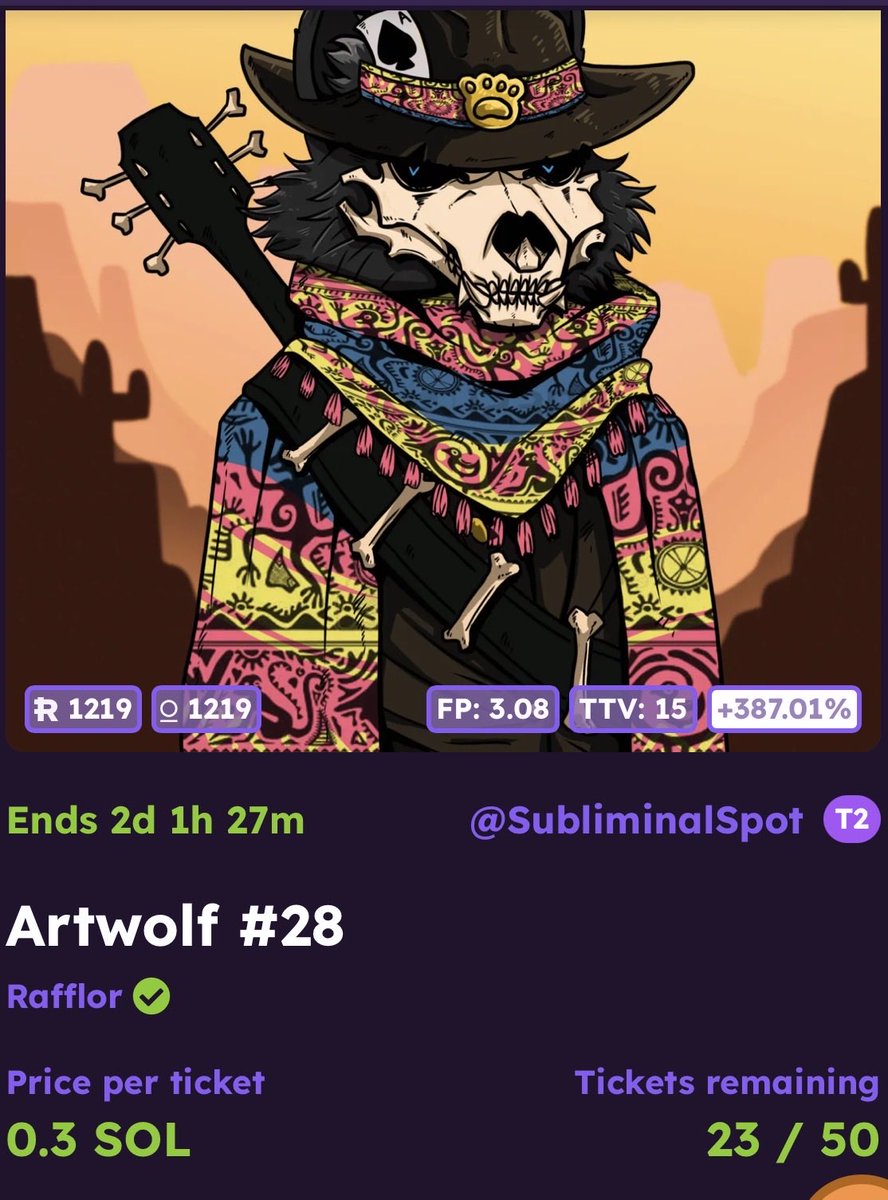 CHEDAR_SOL's tweet photo. @rafffle_dao
hey #RAFFLORS
ONLY 23/50 left on this #ArtWolf Raffle on the @FamousFoxFed #RAFFLE tools
I will post a link in the comments https://t.co/G5o2Jv4Dzs