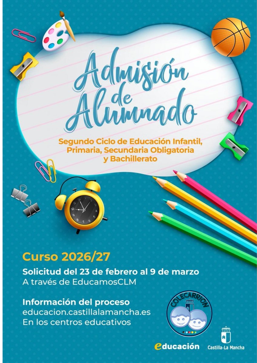 colecarrion's tweet photo. INICIO PROCESO DE ADMISIÓN CURSO 2026/27
A partir del lunes 23 se inicia el proceso de admisión para el curso 26/27. Tenéis toda la información en el siguiente enlace y en la secretaría del centro.
https://t.co/rCagp904ow https://t.co/50GJPHxv90