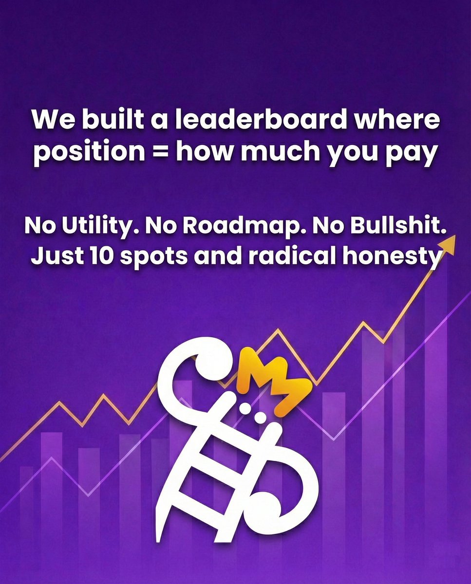 CloutLadder's tweet image. We built a leaderboard where position = how much you pay

No Utility. No Roadmap. No Bullshit.

Just 10 spots and radical honesty
cloutladder.com