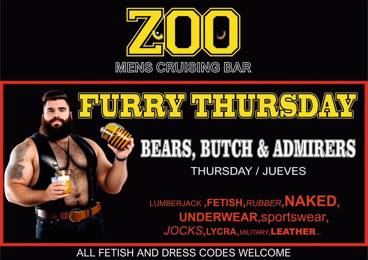 ZooMensBar's tweet photo. THURSDAY-JUEVES
BEARS&amp;FRIENDS MIXER🧸
⭐ Clients favourite(according to Google)
10€ Entry 1Drink Included!
start 22h (rush hour 23h)
*Guarded Cloakroom
Over 300m² of Cruising&amp;Fun
#gaybear #beargay #gaybears #GayCruising #gayclub #yumbocenter #gaybar #gayfetish #gaygrancanaria https://t.co/WJxYZhBeXK