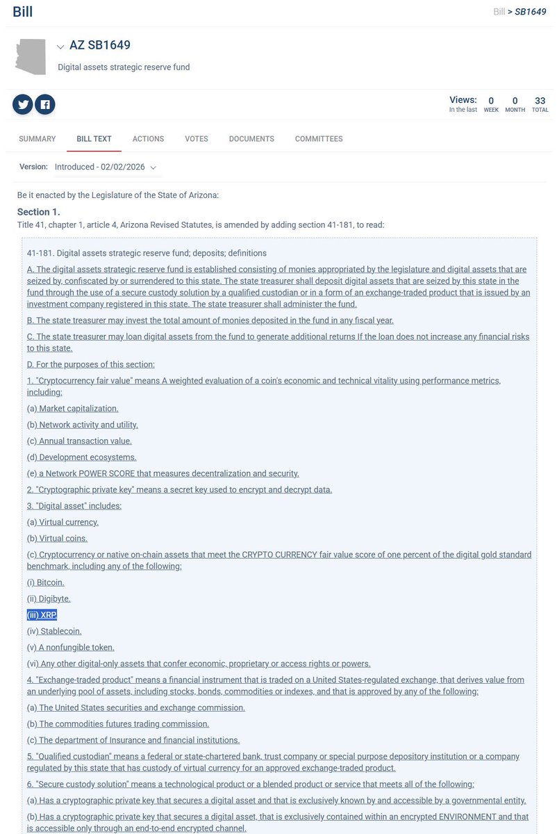 🇺🇸 ARIZONA MOVES TO LOCK XRP INTO STATE RESERVES

SB1649 clears committee and explicitly names XRP in the Digital Assets Strategic Reserve Fund