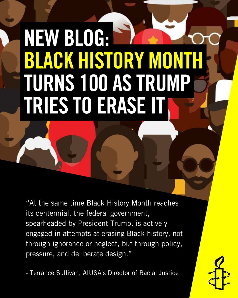 amnestyusa's tweet photo. "Black History Month at 100 is not just a celebration. It is an indictment. After a century of scholarship, organizing, and sacrifice, the federal government still fears honest Black history — because history, when told truthfully, exposes abuses of power.

And abused power, when exposed, demands change. At year 100, we stand firmly committed to demanding that change, and ensuring that Black history be honored, not ignored." - Terrance Sullivan, AIUSA's Director of Racial Justice

Read the full blog here: https://t.co/dGl2qUfVKd