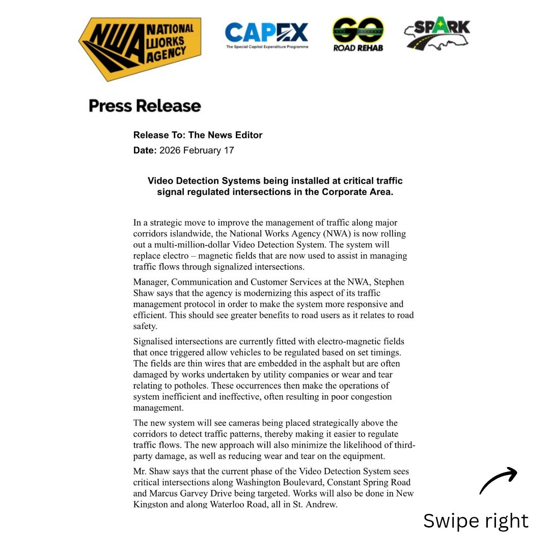NWA_JA's tweet photo. #NWAUpdate 

Video detection systems will be installed at critical traffic signal regulated intersections in Kingston and St. Andrew 🚥🚧

See press release 👆🏾 for more information.

#nwajamaica https://t.co/r95by7XwKZ