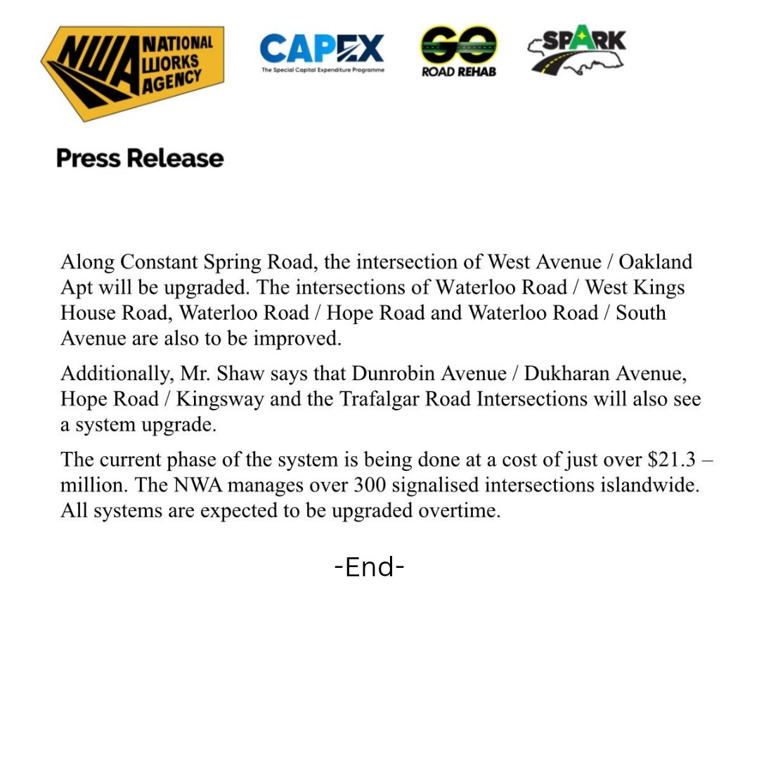 #NWAUpdate 

Video detection systems will be installed at critical traffic signal regulated intersections in Kingston and St. Andrew 🚥🚧

See press release 👆🏾 for more information.

#nwajamaica