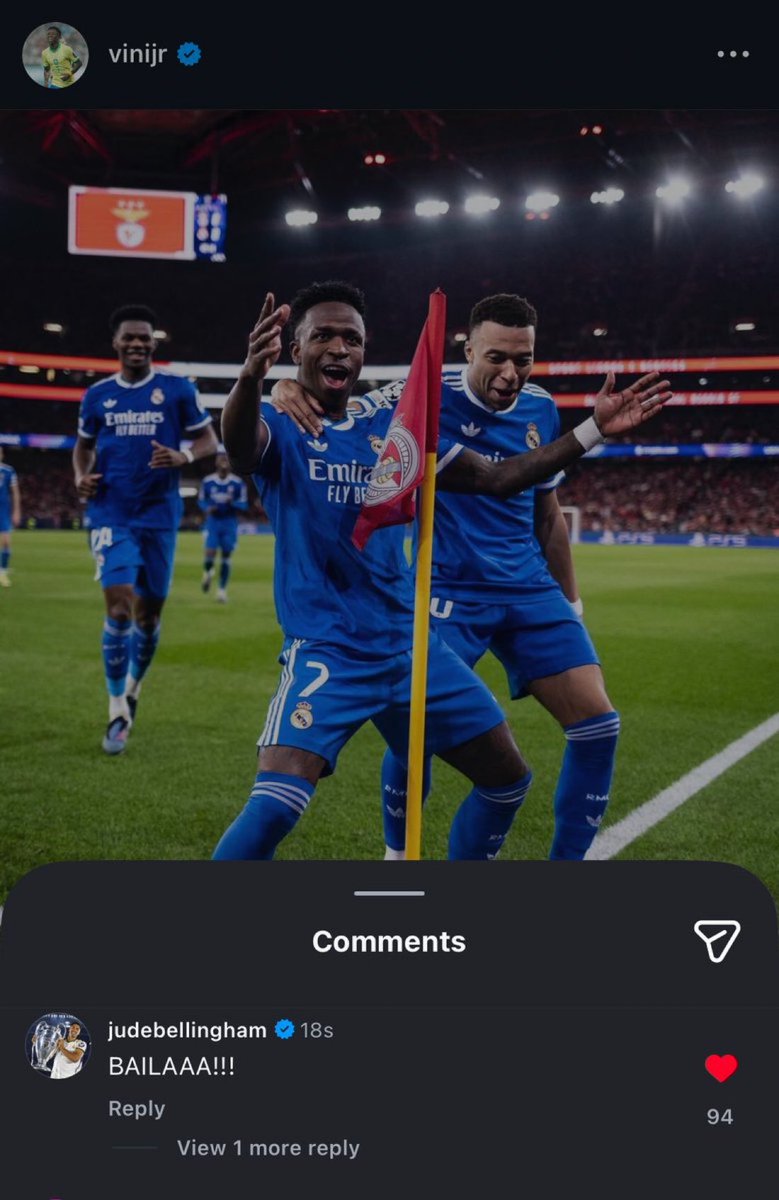 Jude Bellingham a Vinicius Jr:

“BAILAAAAA!!!”