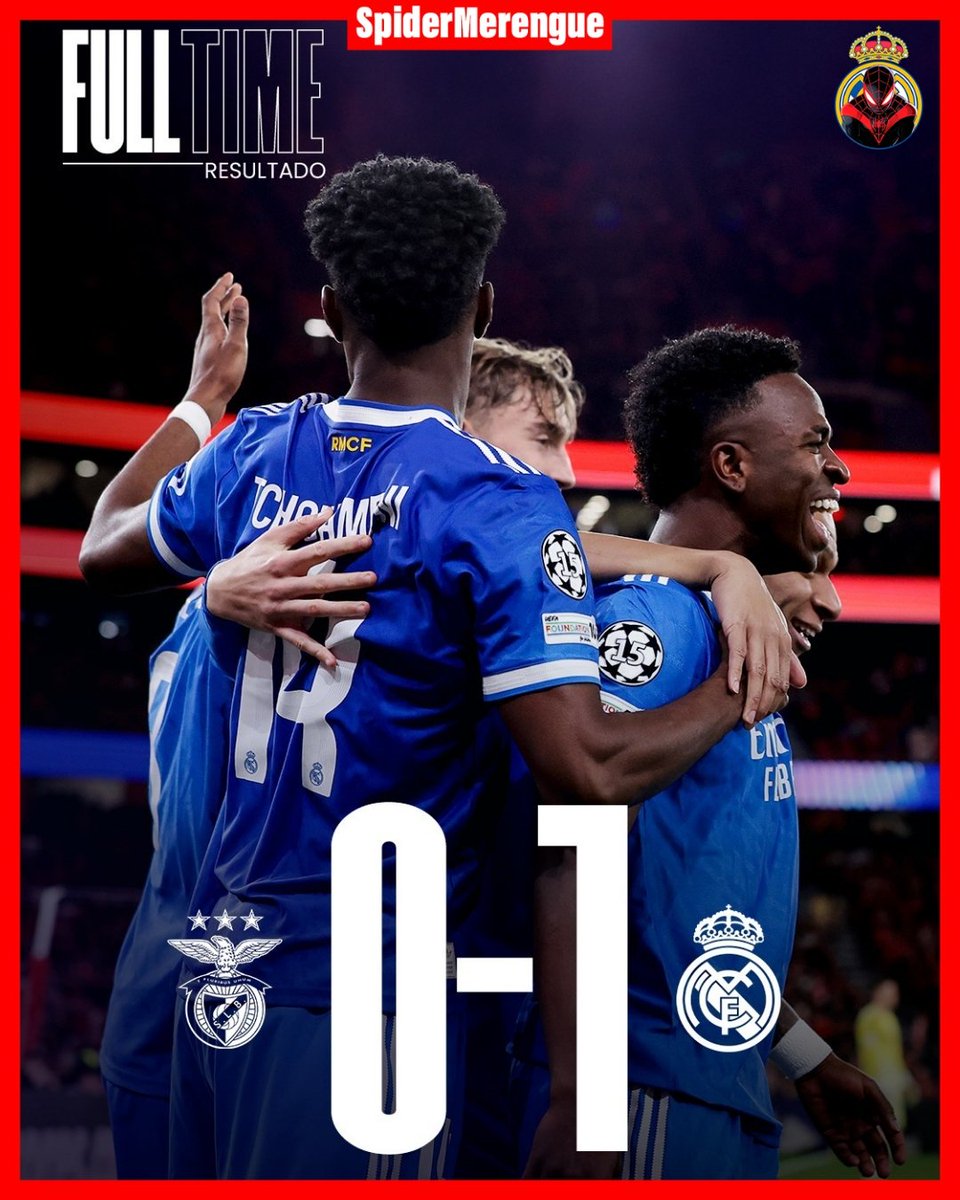 ¡EL REY DE EUROPA DA EL PRIMER PASO! 👑🤍

No importa dónde ni contra quién, este escudo siempre sabe ganar.

Un zarpazo de Vini Jr. al 50' fue suficiente para silenciar el Estádio da Luz y llevarnos una ventaja de oro a casa. 🇧🇷⚽️

¡Paso a paso hacia la siguiente ronda!