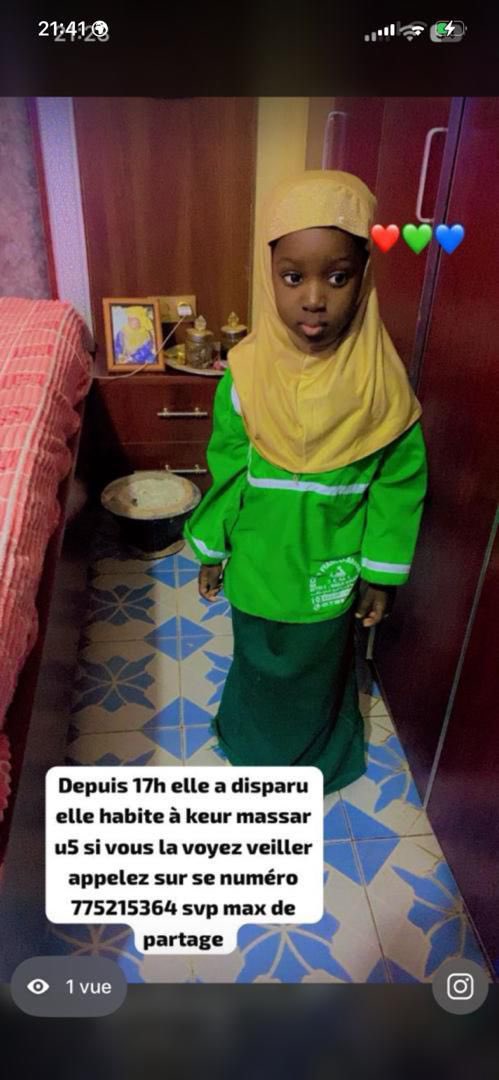 Maximum de Rt please 🙏🏾 , elle est portée disparue, elle habite à keur Massar U5