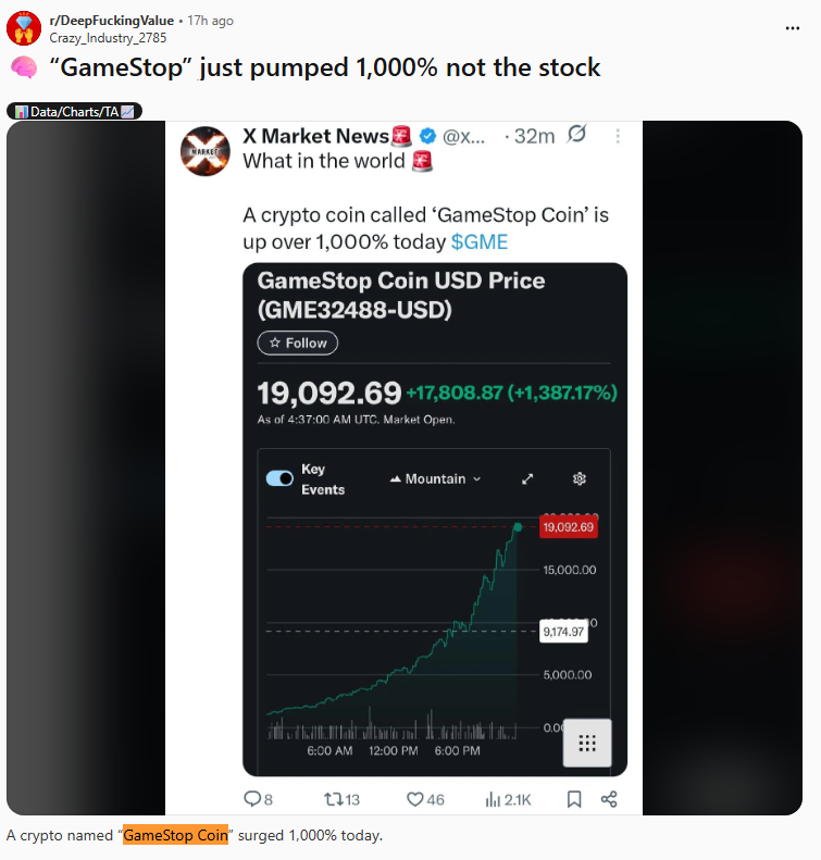 Taylor92682699's tweet photo. Today, a stock which goes by "GameStop Coin" pumped 1000%

It's going viral on the GameStop reddit

https://t.co/3ztU0boKCT

This is the stock that's going viral, it has an image aswell
https://t.co/mRsLyc0MTE https://t.co/i8H4Mx87RC