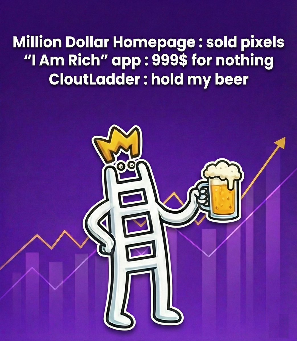 CloutLadder's tweet image. Million Dollar Homepage : sold pixels
"I Am Rich" app : 999$ for nothing
CloutLadder : hold my beer