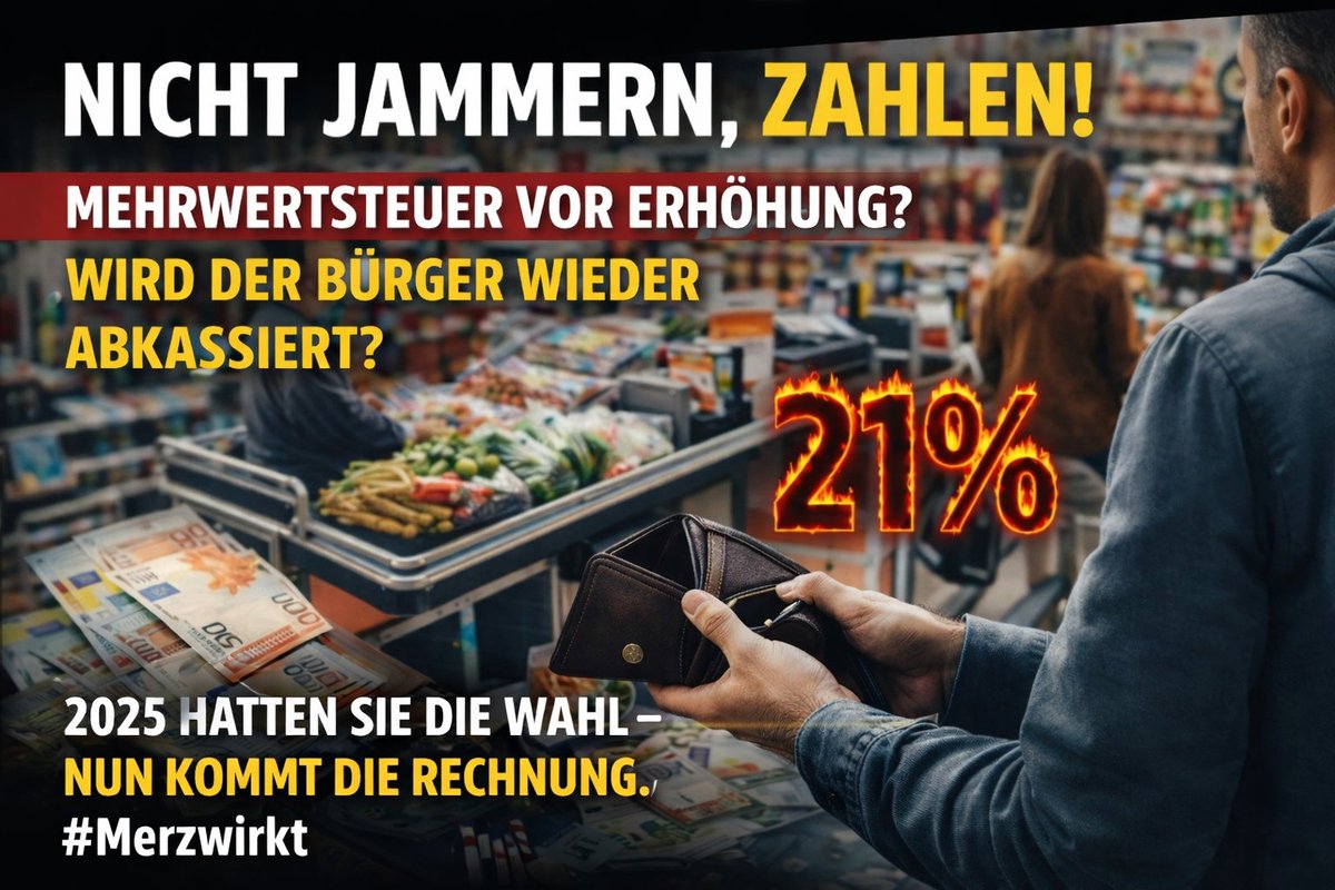 Der_Kompass_'s tweet photo. Mehrwertsteuererhöhung 21% ?

Das milliardenschwere Haushaltsloch von 130 Milliarden Euro steht im Raum und mit ihm die alte Frage: Wer zahlt am Ende die Rechnung?

Wir kennen das, offiziell lehnen Union und SPD eine Erhöhung der Mehrwertsteuer ab. Noch! Doch die Diskussion ist eröffnet. Zwei Prozentpunkte mehr würden rund 30 Milliarden Euro bringen, schnell, unkompliziert, geräuschlos. 

Genau das macht diese Steuer politisch so verlockend: Sie wird nicht per Bescheid verschickt, sondern versteckt sich im Preisetikett. Jeder Einkauf, jeder Kassenbon, jede Dienstleistung trägt ihren Anteil.

Die Mehrwertsteuer ist dabei die bequemste Form der Einnahmesteigerung, weil sie alle trifft und kaum sichtbar ist. Doch genau darin liegt ihre Sprengkraft. Wer wenig verdient, gibt einen größeren Teil seines Einkommens für Konsum aus und würde die Erhöhung stärker spüren. Während in Berlin über Wachstum, Subventionen und rote Linien gesprochen wird, bleibt die strukturelle Frage unbeantwortet: Warum wächst der Staat schneller als die Wirtschaft? Warum sind Prioritätensetzung und Ausgabendisziplin politisch so viel schwieriger als neue Einnahmen?

Noch ist nichts beschlossen. Noch betonen Regierung und Opposition, dass eine Mehrwertsteuererhöhung der falsche Weg wäre. Noch. 

Aber wenn Reformen ausbleiben, wenn Sparen vermieden wird und wenn das erhoffte Wachstum nicht liefert, dann steigt der Druck. Die Mehrwertsteuer bleibt im Hintergrund als einfachste Lösung: technisch sauber, politisch riskant, wirtschaftlich umstritten. Entscheidend wird sein, ob die Politik den Mut findet, zuerst ihre Ausgaben zu überprüfen, bevor sie erneut an der Kasse der Bürger anklopft.

#werteunion #merzwirkt #mwst